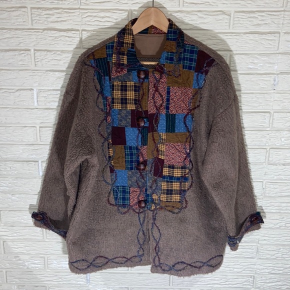 Cottage-Core Patchwork Handcrafted Embroidered Fuzzy Cozy Button Up Jacket - Picture 1 of 7